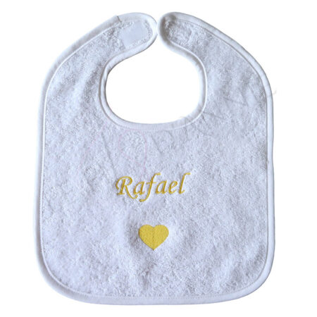 Bavoir bébé avec prénom et coeur brodé en jaune